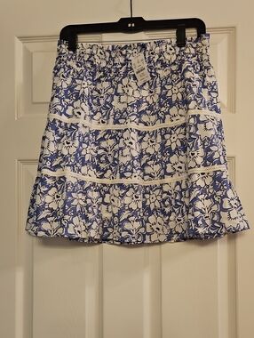 J. Crew Blue and White Floral Tiered Mini Skirt